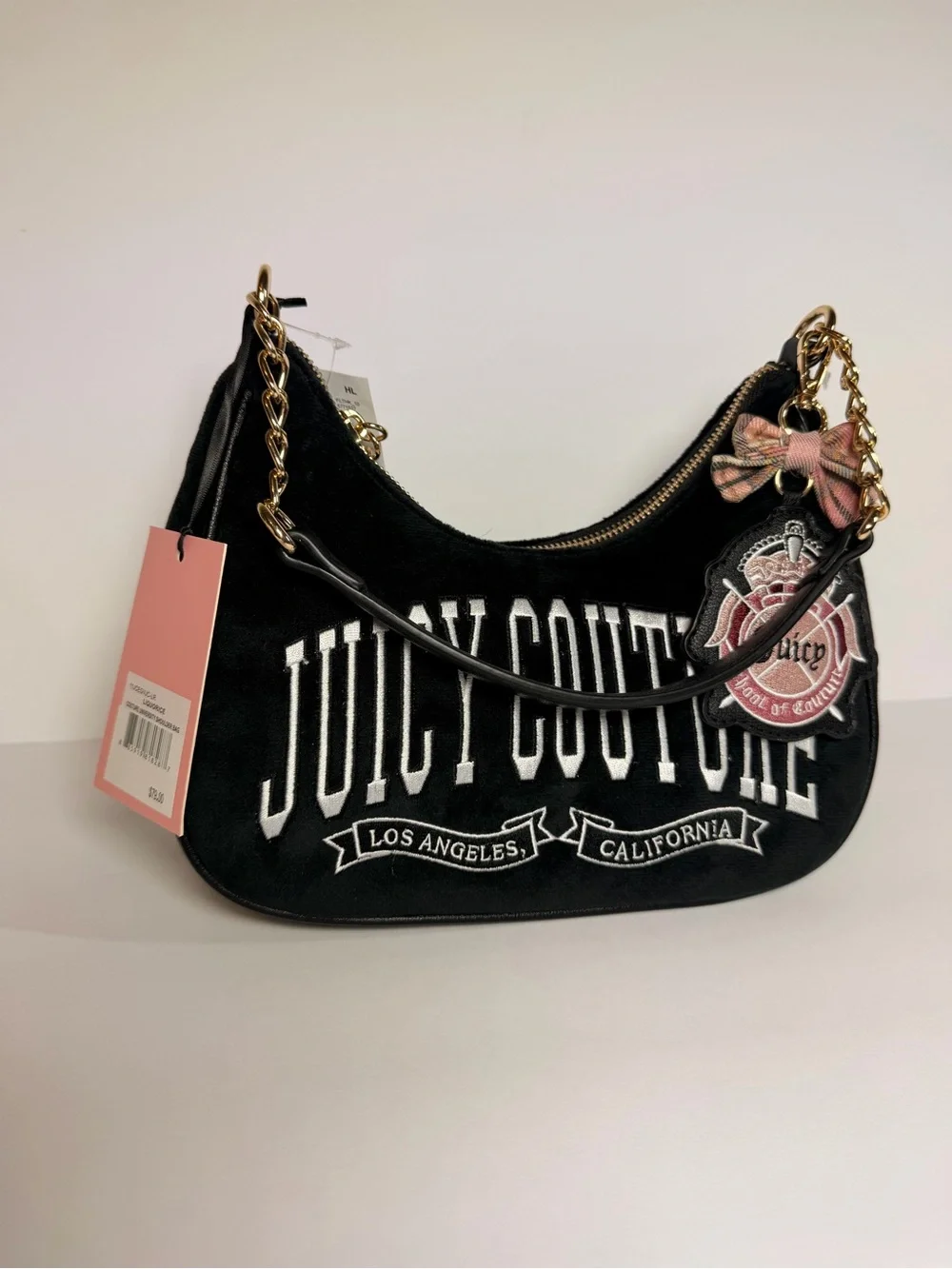 Juicy Couture Black Velour Shoulder Bag with Pink Bow Charm
